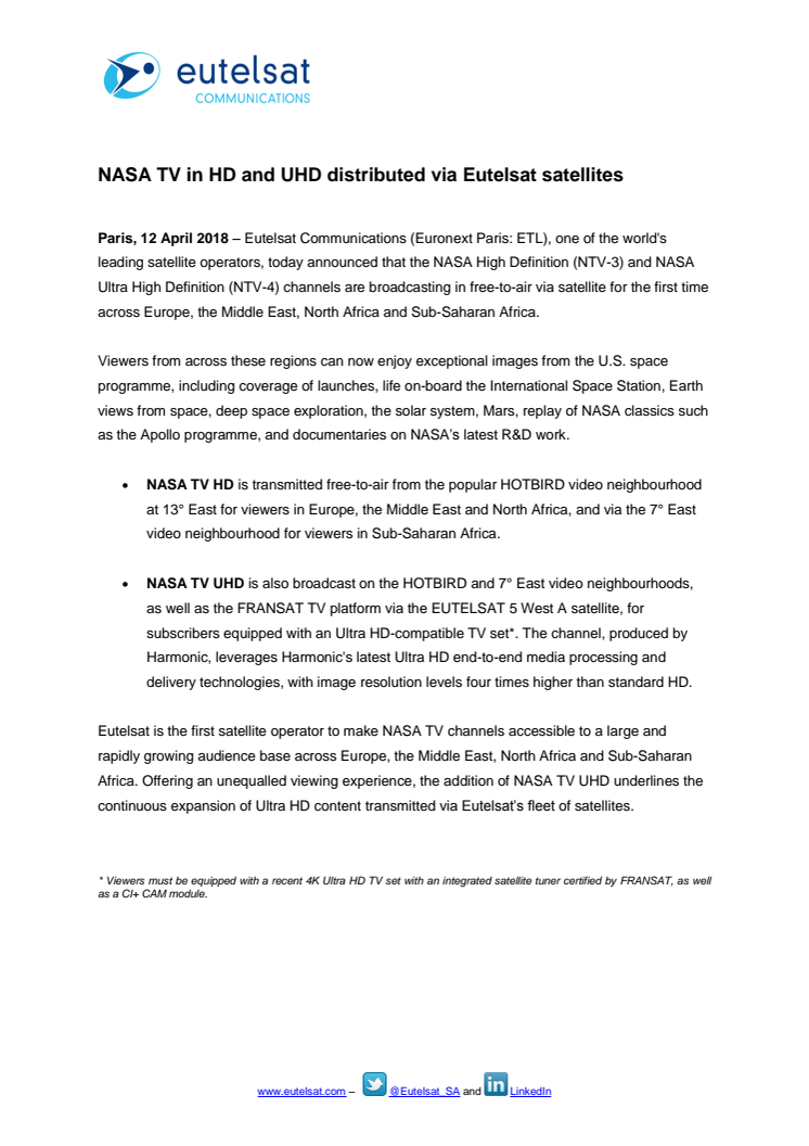 NASA TV HD and NASA TV UHD distributed on Eutelsat satellites