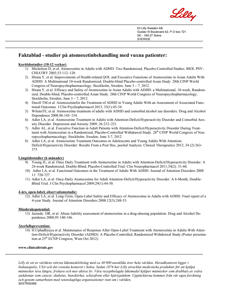 Faktablad - studier på atomoxetinbehandling med vuxna patienter