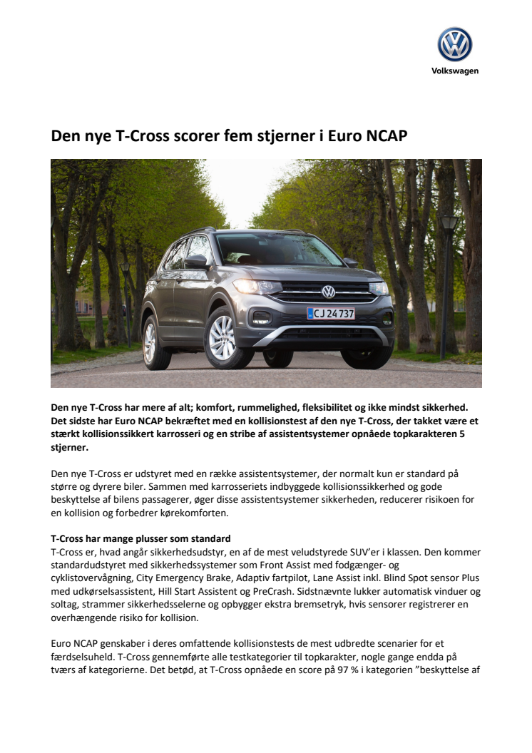 Den nye T-Cross scorer fem stjerner i Euro NCAP