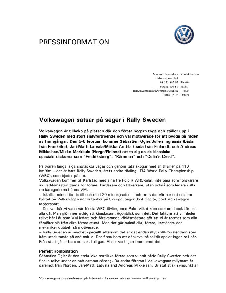 Volkswagen satsar på seger i Rally Sweden