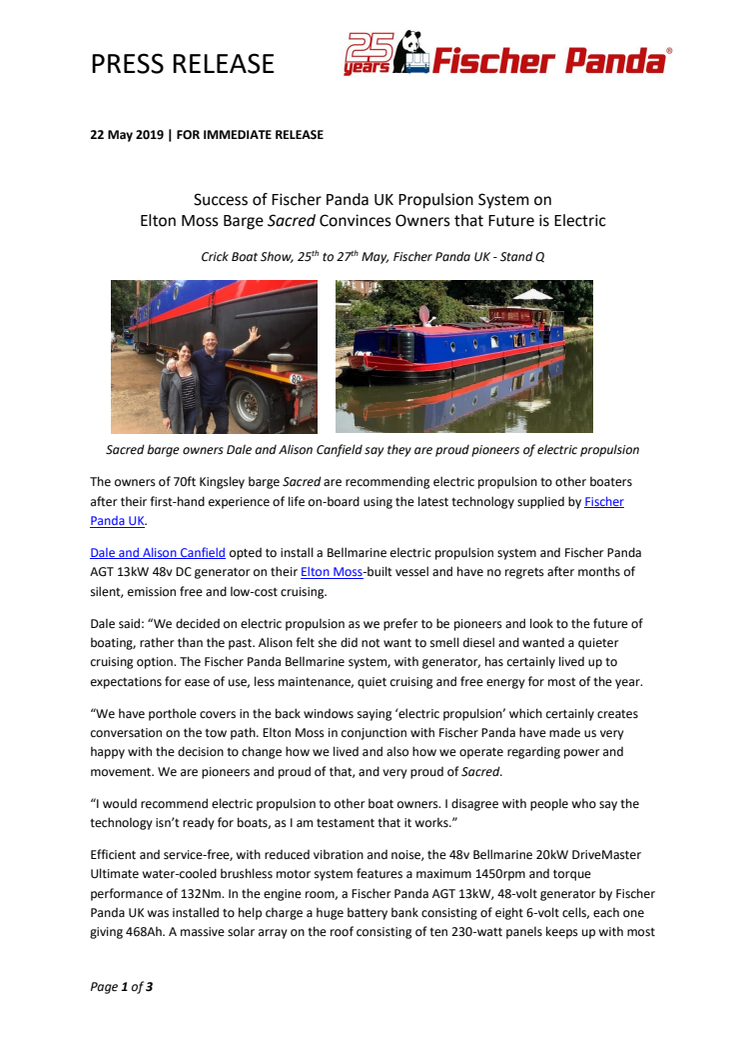 Crick Boat Show: Success of Fischer Panda UK Propulsion System on Elton Moss Barge Sacred Convinces Owners that Future is Electric