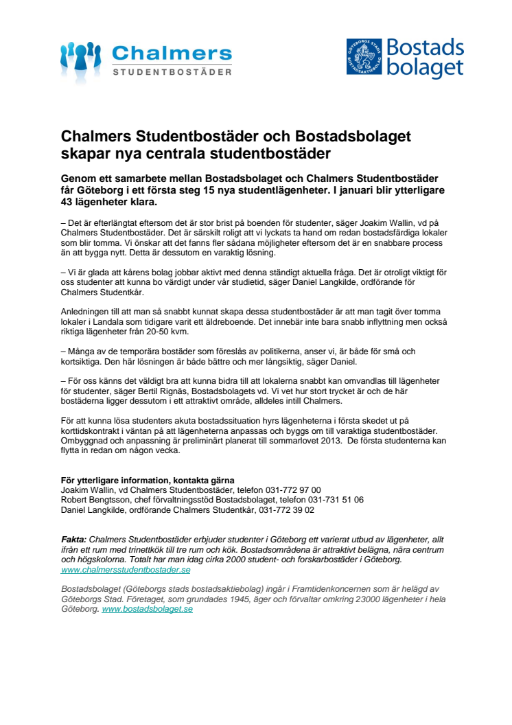 Chalmers Studentbostäder och Bostadsbolaget skapar nya centrala studentbostäder