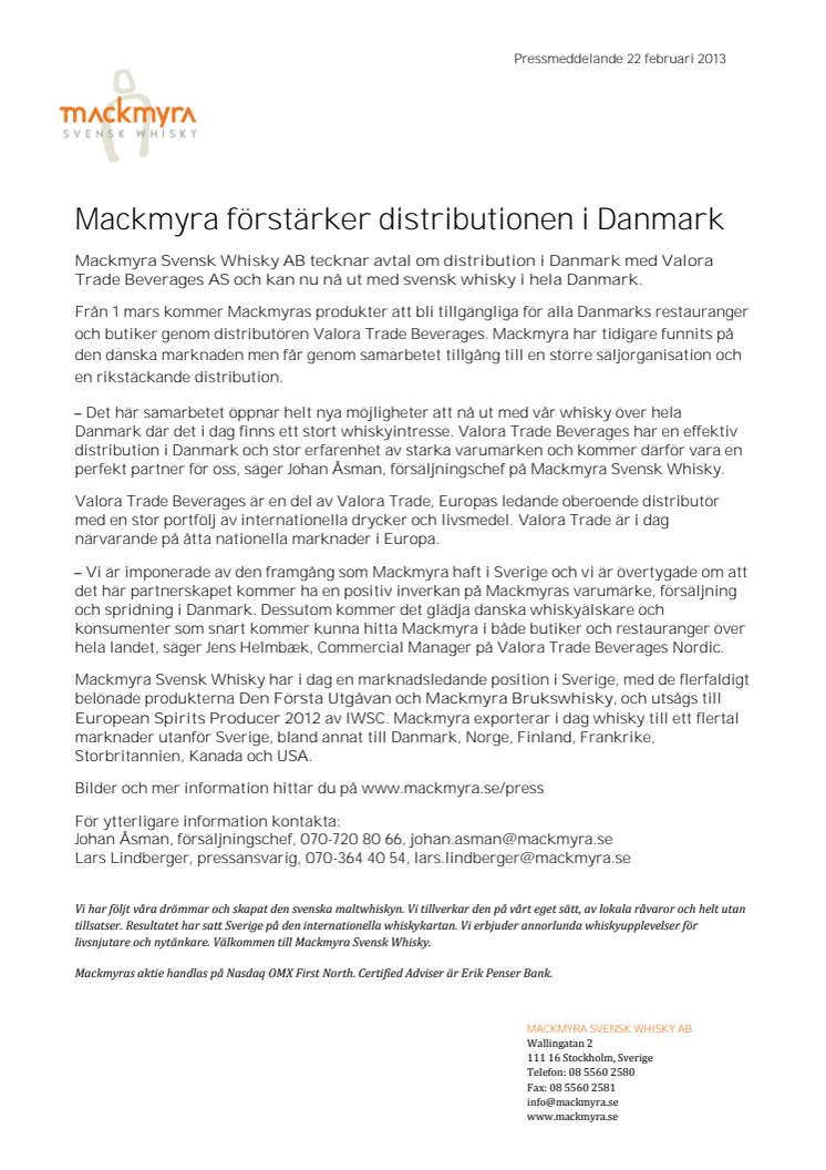 Mackmyra förstärker distributionen i Danmark