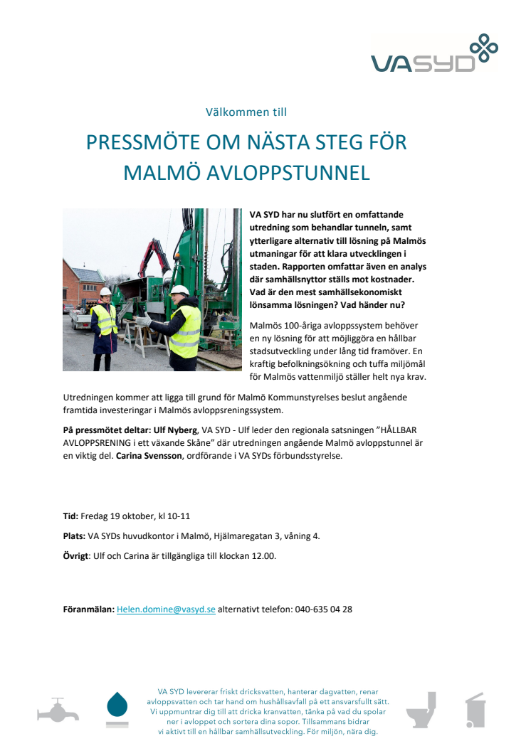 Pressmöte om nästa steg för Malmö avloppstunnel