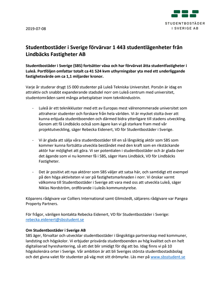 Studentbostäder i Sverige förvärvar 1443 studentlägenheter från Lindbäcks Fastigheter AB