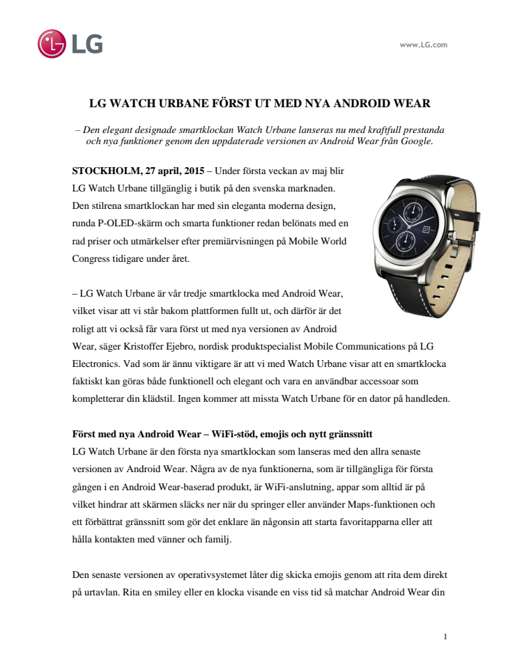 LG WATCH URBANE FÖRST UT MED NYA ANDROID WEAR