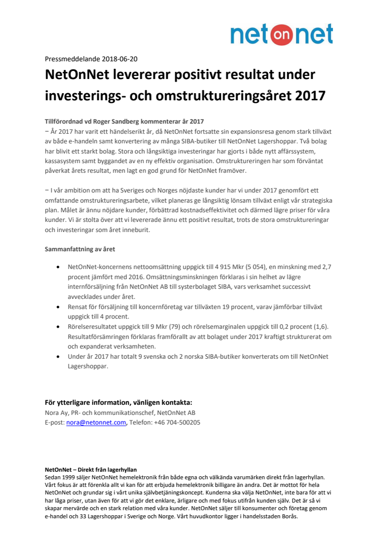 NetOnNet levererar positivt resultat under investerings- och omstruktureringsåret 2017