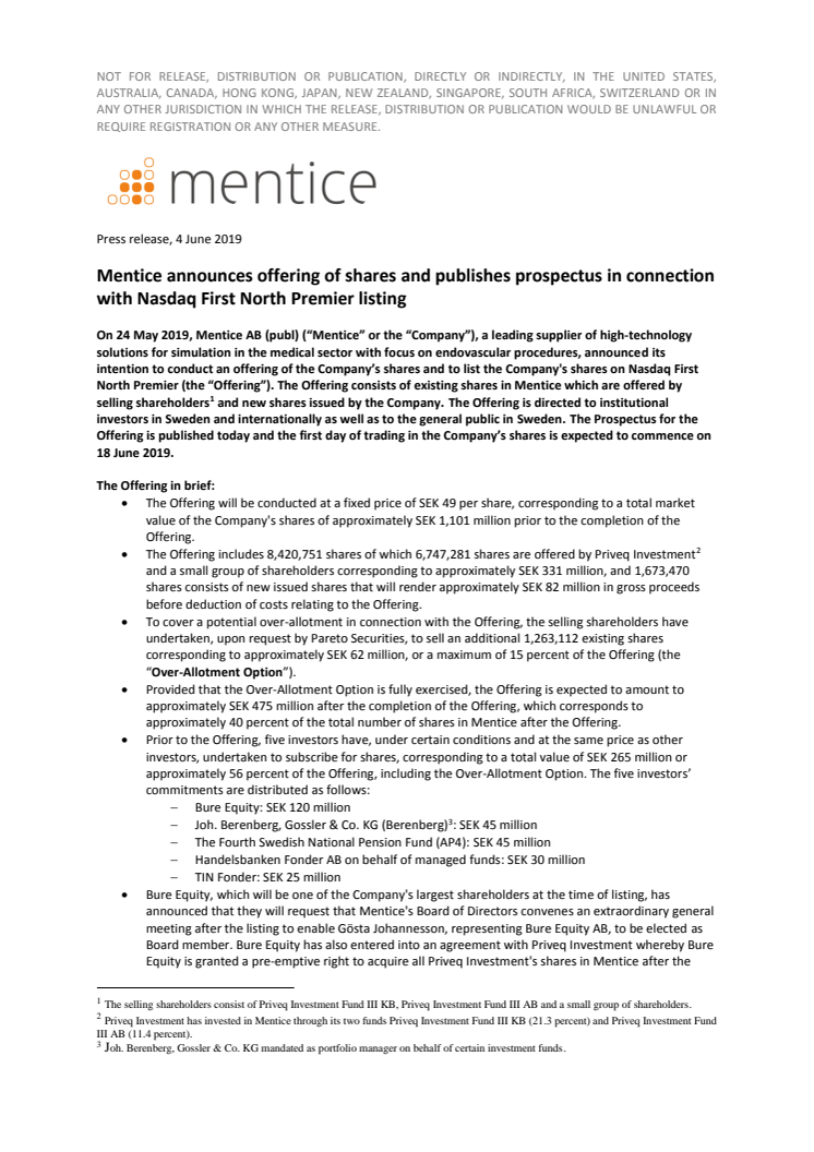 Mentice announces offering of shares and publishes prospectus in connection with Nasdaq First North Premier listing
