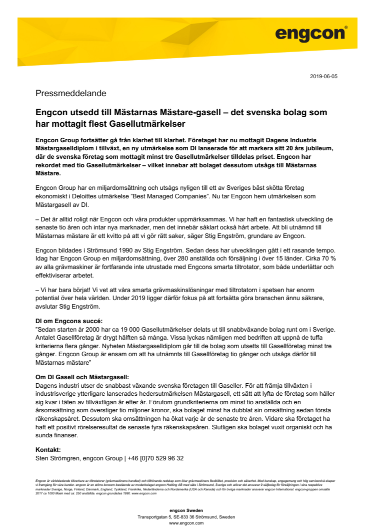 Engcon utsedd till Mästarnas Mästare-gasell – det svenska bolag som har mottagit flest Gasellutmärkelser