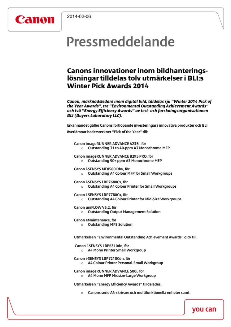 Canons innovationer inom bildhanterings-lösningar tilldelas tolv utmärkelser i BLI:s Winter Pick Awards 2014