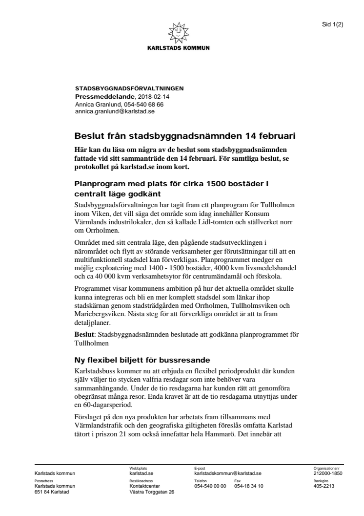 Beslut från stadsbyggnadsnämnden 14 februari