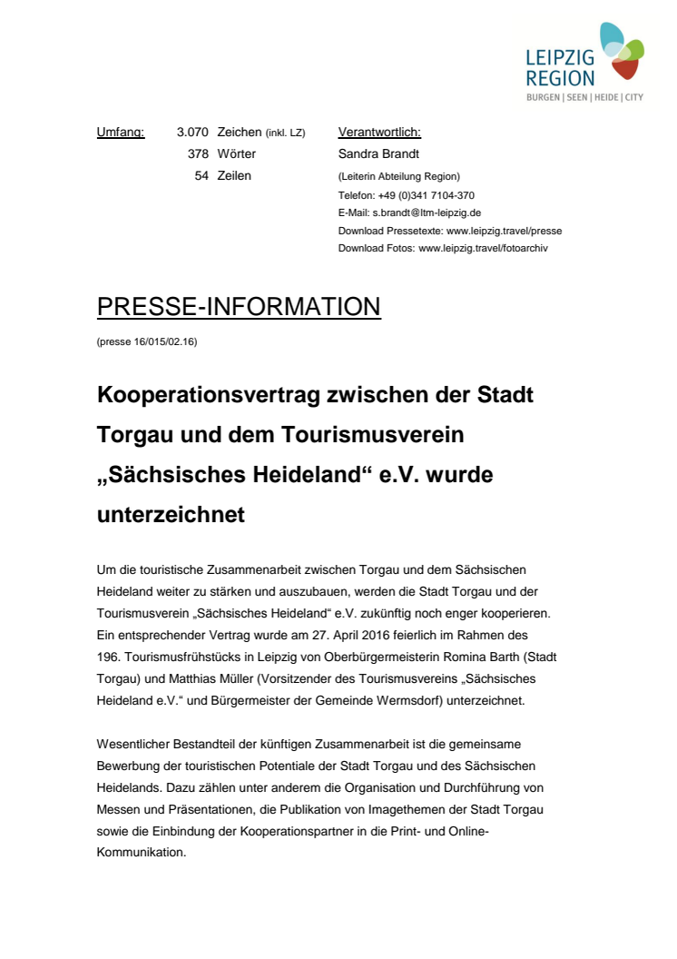 Kooperationsvertrag zwischen der Stadt Torgau und dem Tourismusverein „Sächsisches Heideland“ e.V. wurde unterzeichnet