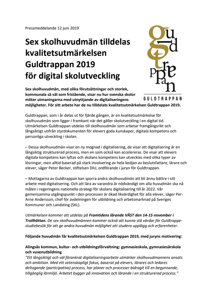 Tre västsvenska kommuner tilldelas kvalitetsutmärkelsen Guldtrappan 2019 