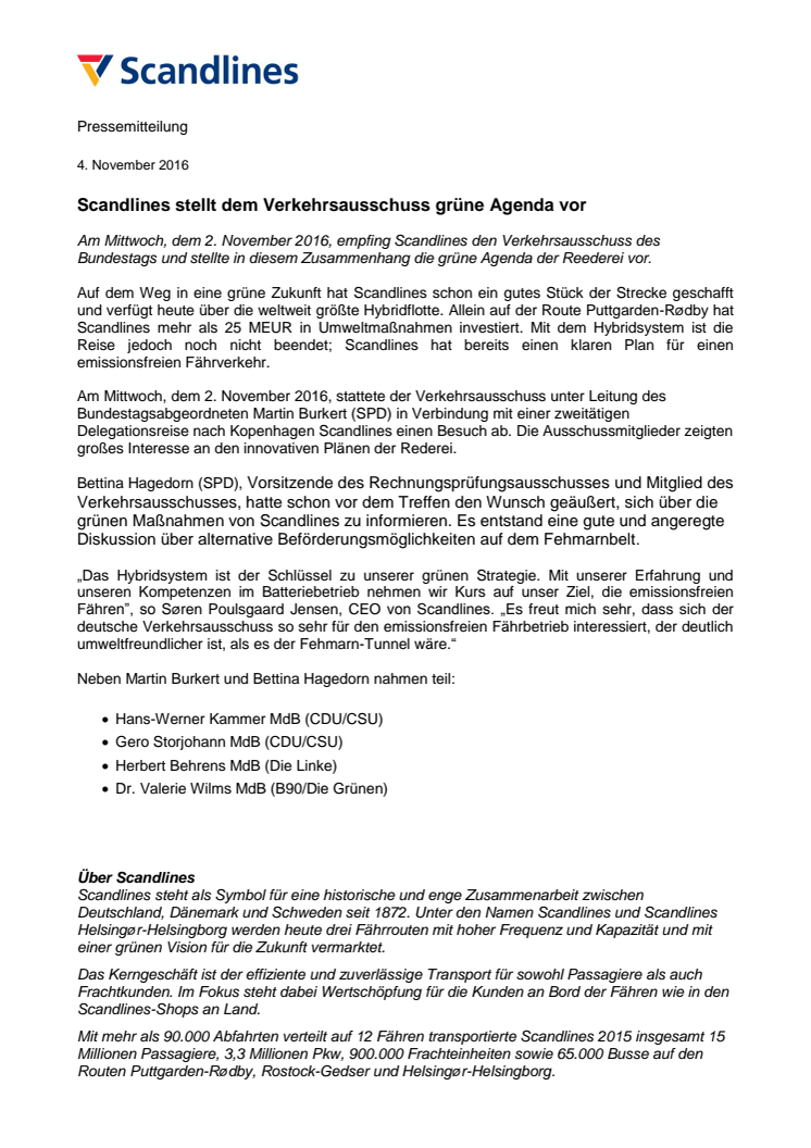 Scandlines stellt dem Verkehrsausschuss grüne Agenda vor