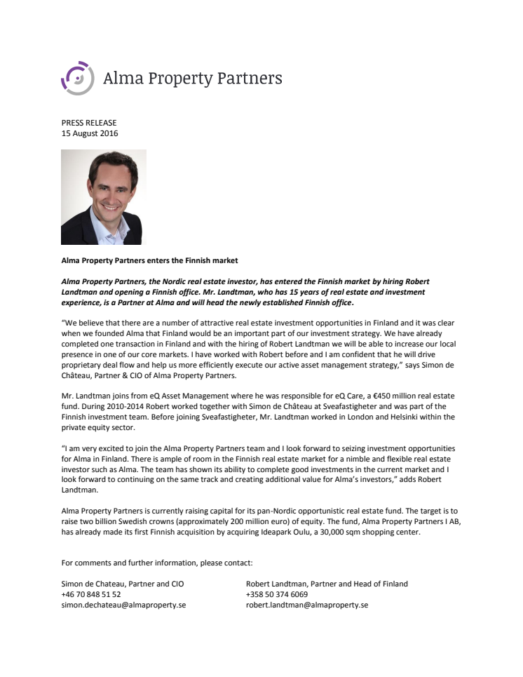 Alma Property Partners enters the Finnish market