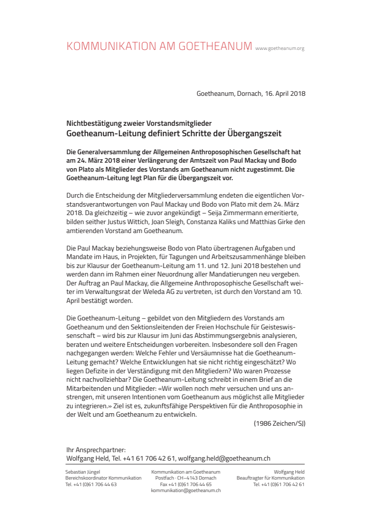 Nichtbestätigung zweier Vorstandsmitglieder: ​Goetheanum-Leitung definiert Schritte der Übergangszeit
