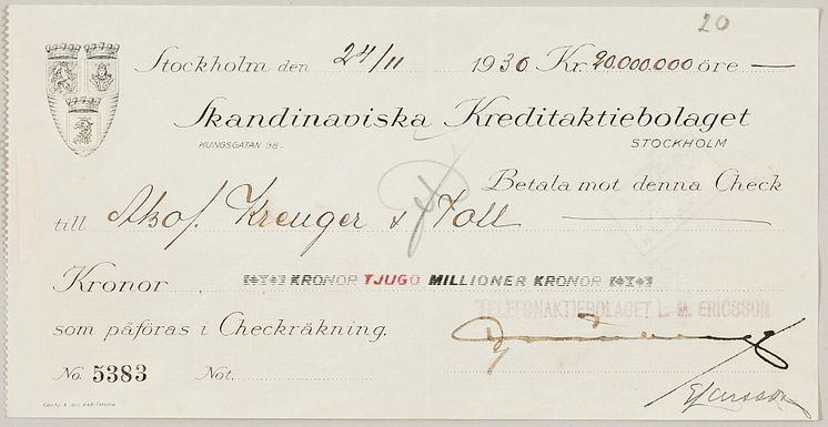KREUGER & TOLL, CHECK FRÅN L.M. ERICSSON, 20 miljoner kr, daterad 1930