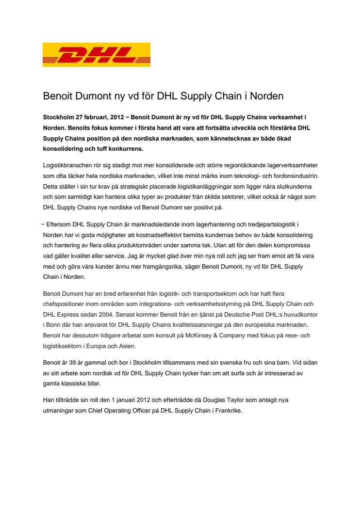 Benoit Dumont ny vd för DHL Supply Chain i Norden