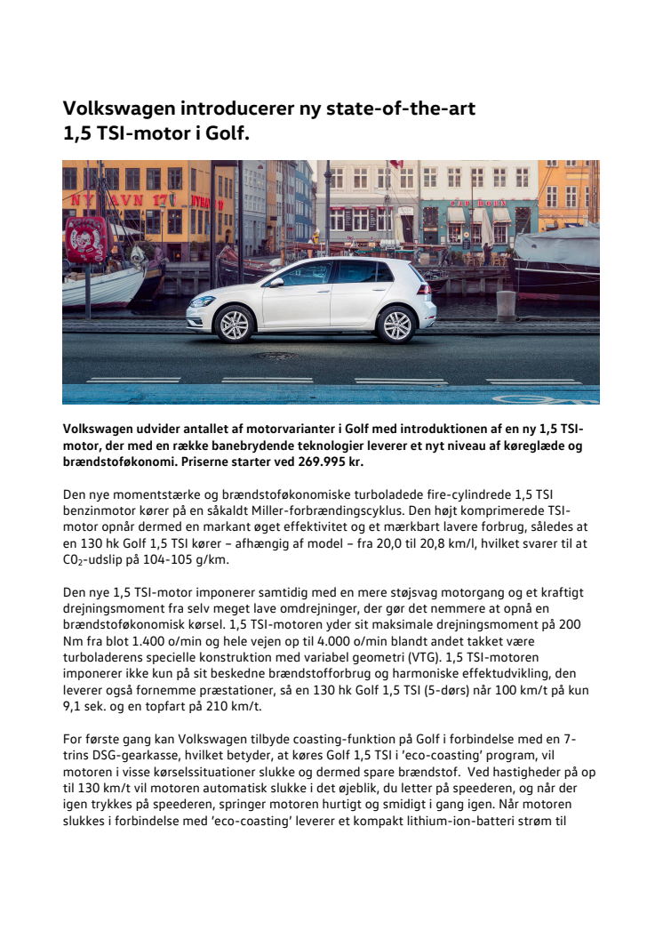 Volkswagen introducerer ny state-of-the-art  1,5 TSI-motor i Golf.