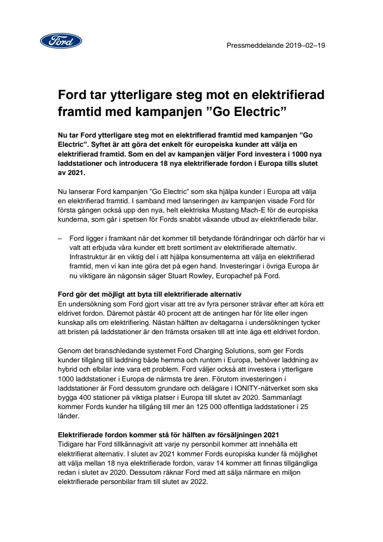 Ford tar ytterligare steg mot en elektrifierad framtid med kampanjen ”Go Electric”