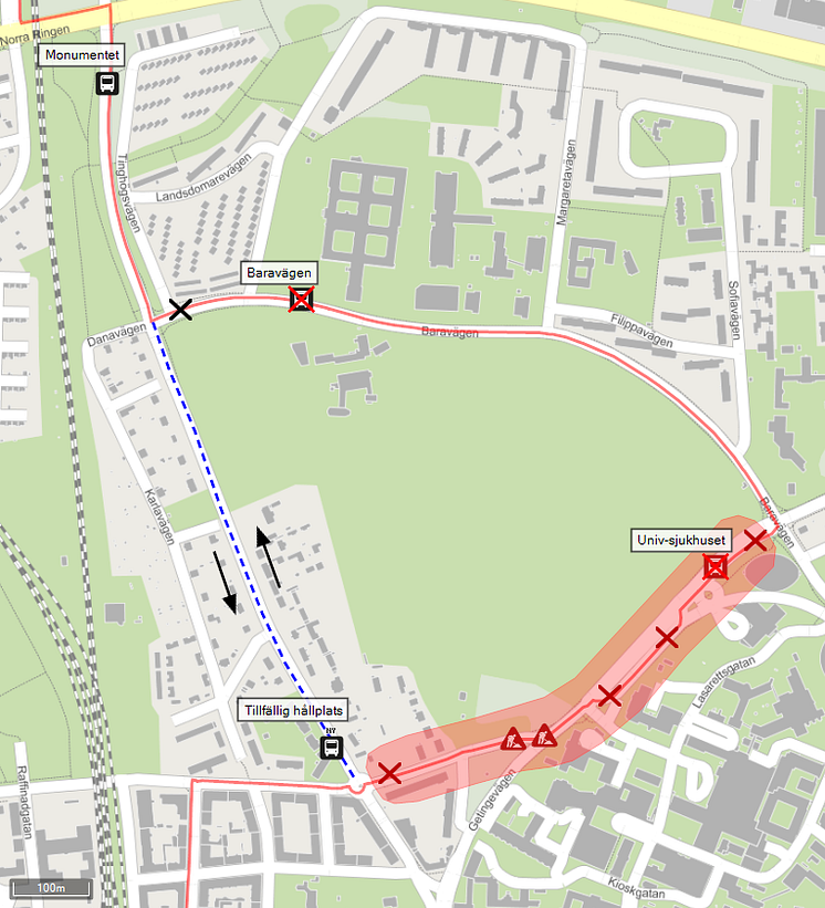 Universitetssjukhuset, temporär resväg för busslinje 123.