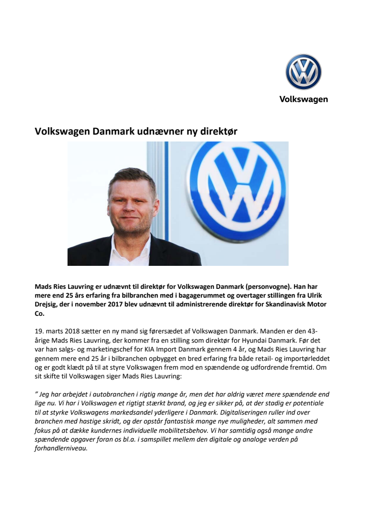 Volkswagen Danmark udnævner ny direktør