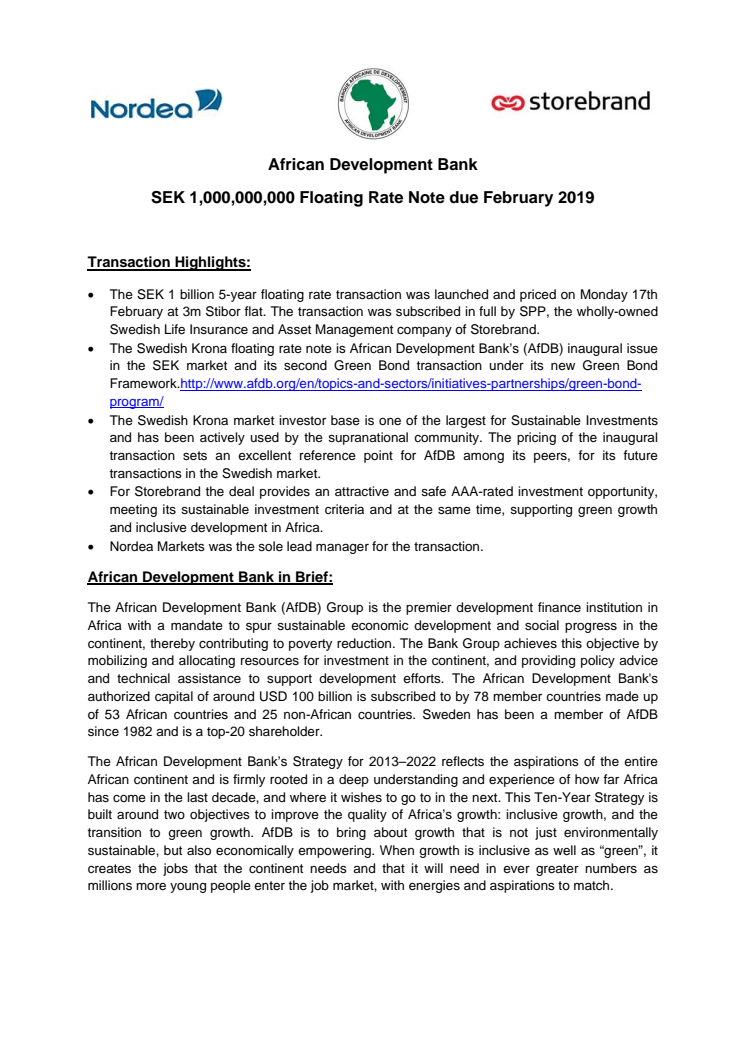 AfDB - SEK 5y floating rate Green Bond - press release