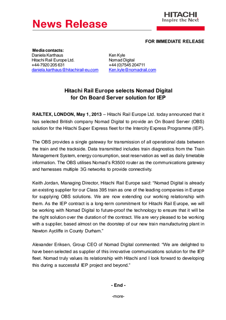 Hitachi Rail Europe selects Nomad Digital for On Board Server solution for IEP