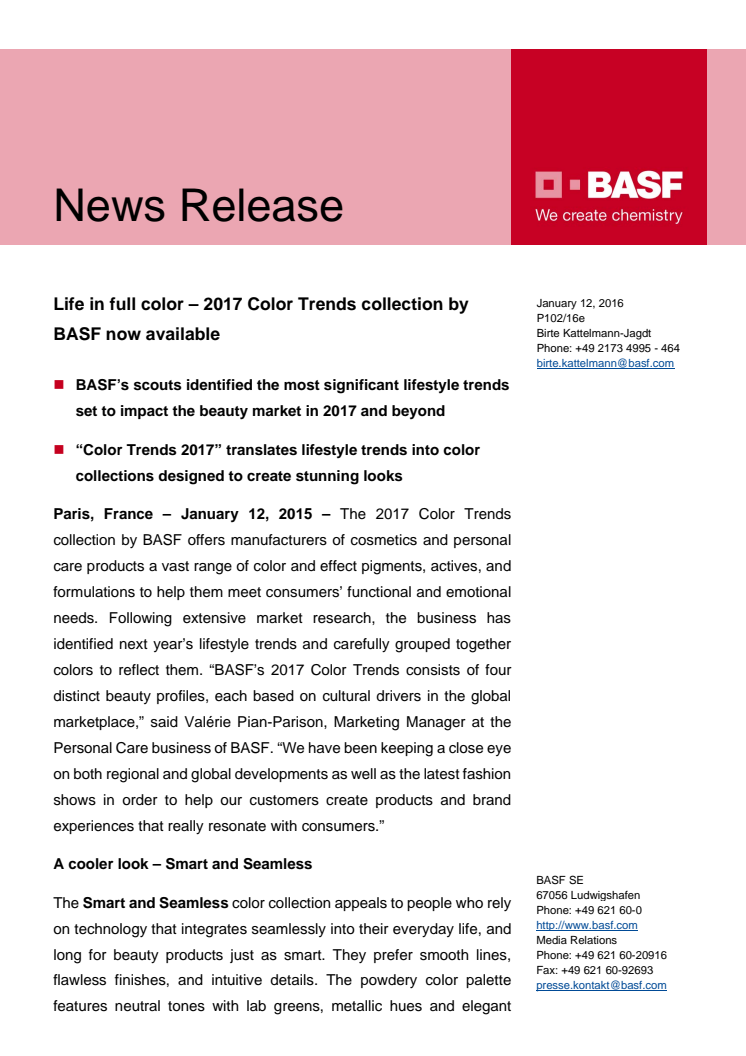 Life in full color – BASF's "Color Trends 2017" kollektionen er nu offentliggjort 
