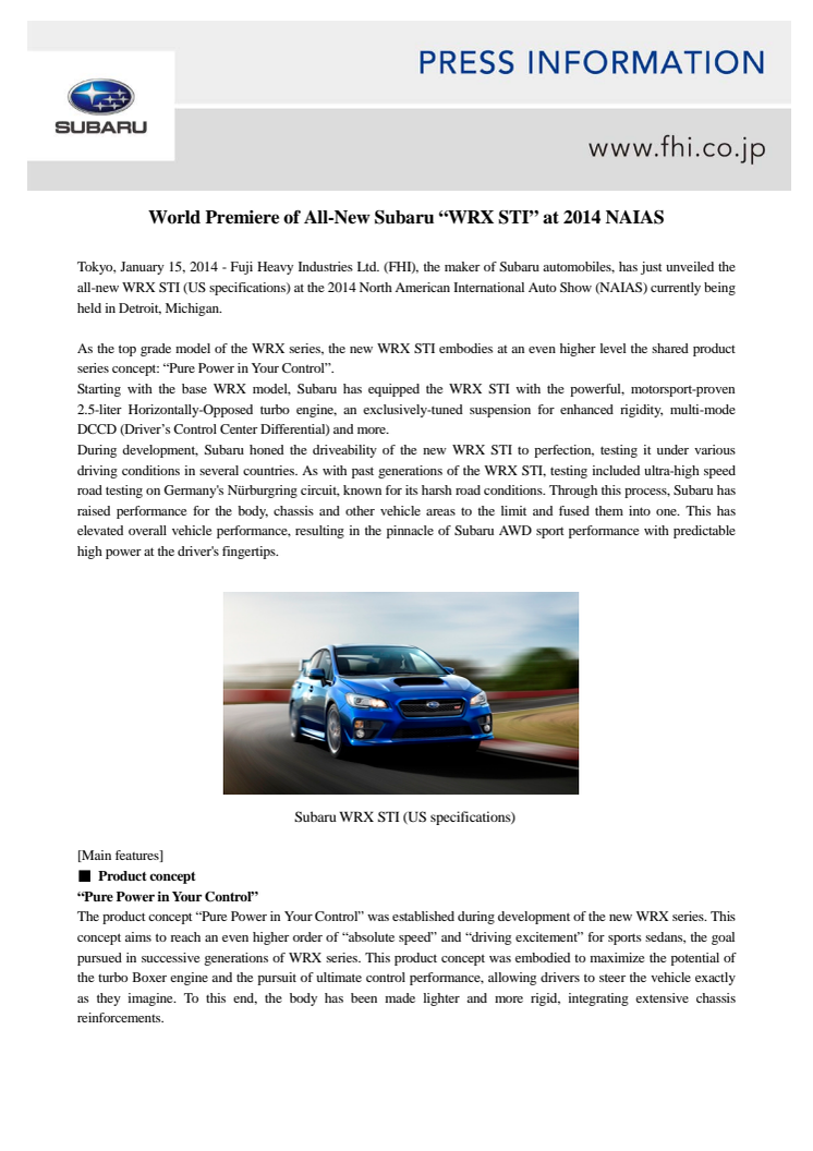 Världspremiär för nya Subaru WRX STI i Detroit