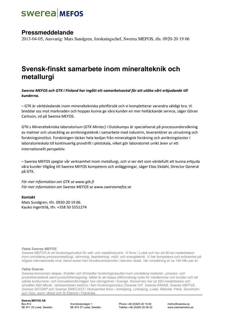 Svensk-finskt samarbete inom mineralteknik och metallurgi