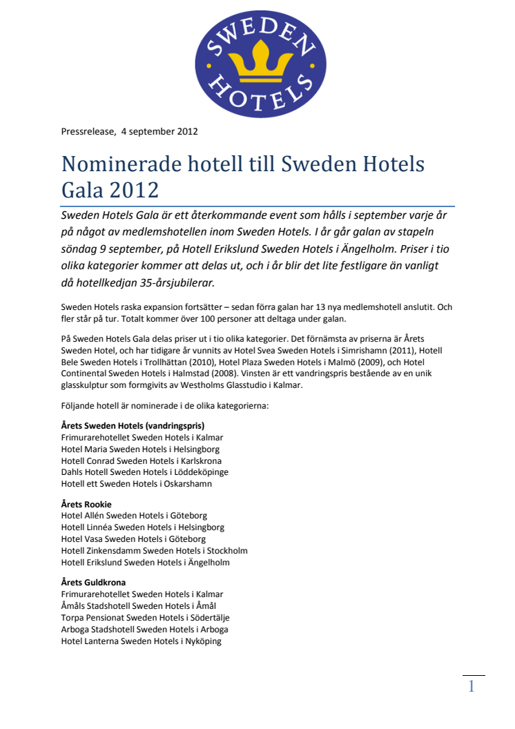 Nominerade hotell till Sweden Hotels Gala 2012