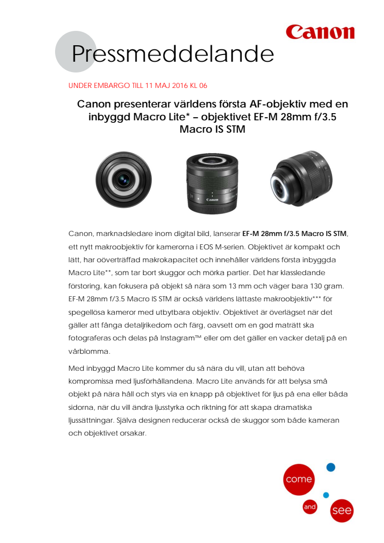 Canon presenterar världens första AF-objektiv med en inbyggd Macro Lite* – EF-M 28mm f/3.5 Macro IS STM