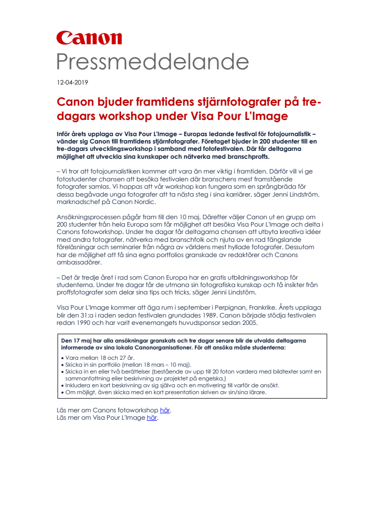 Canon bjuder framtidens stjärnfotografer på tre-dagars workshop under Visa Pour L'Image 