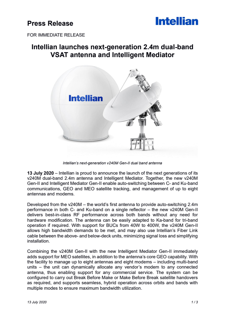 Intellian launches next-generation 2.4m dual-band VSAT antenna and Intelligent Mediator