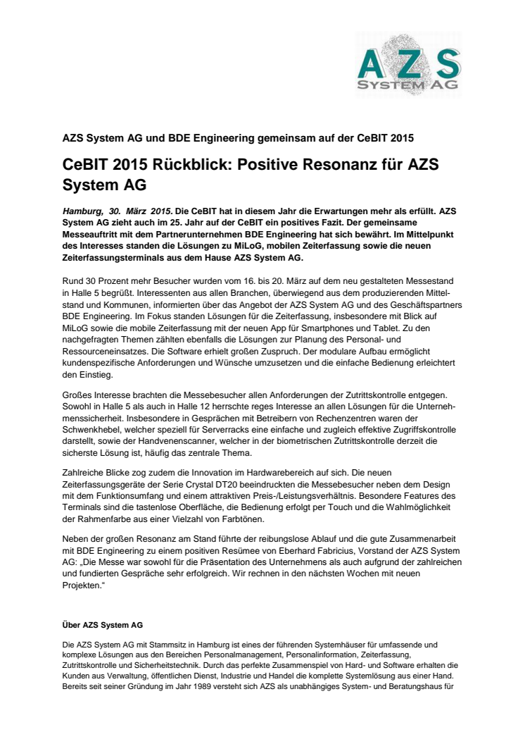 CeBIT 2015 Rückblick: Positive Resonanz für AZS System AG