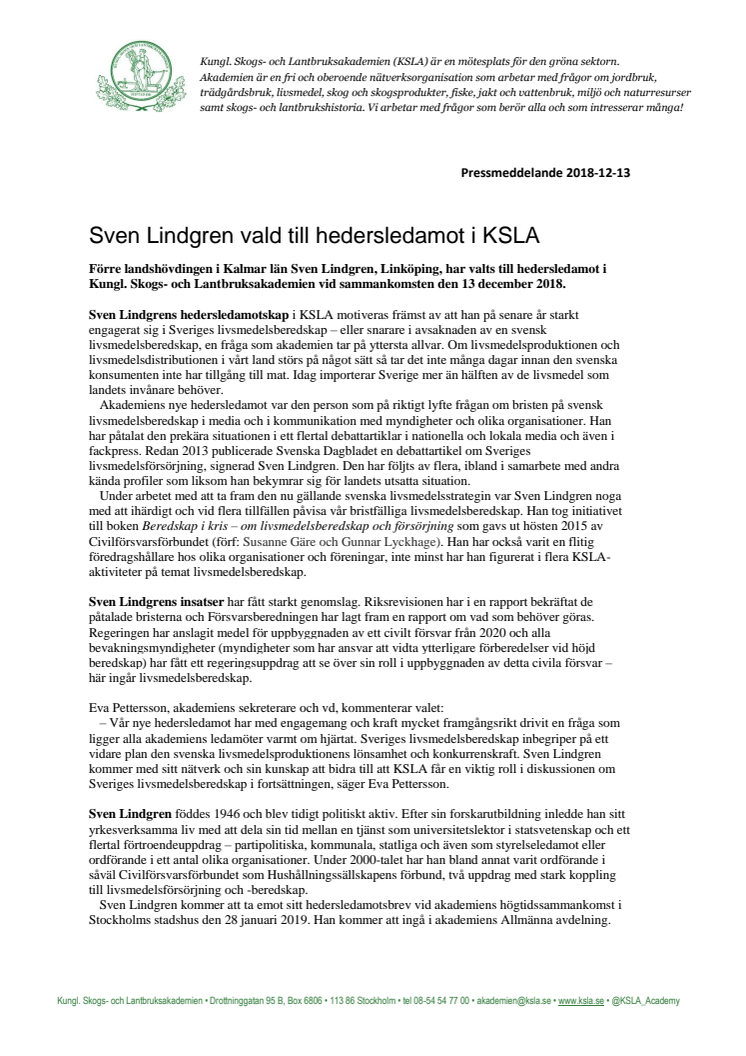 Sven Lindgren vald till hedersledamot i KSLA