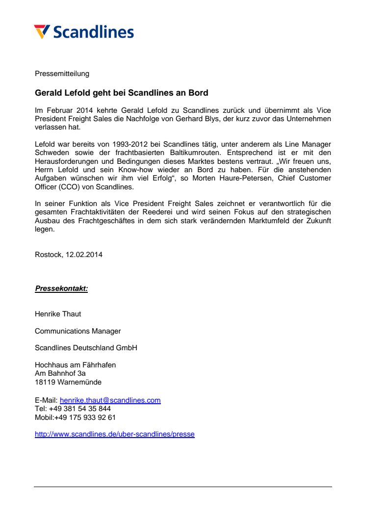 Gerald Lefold geht bei Scandlines an Bord