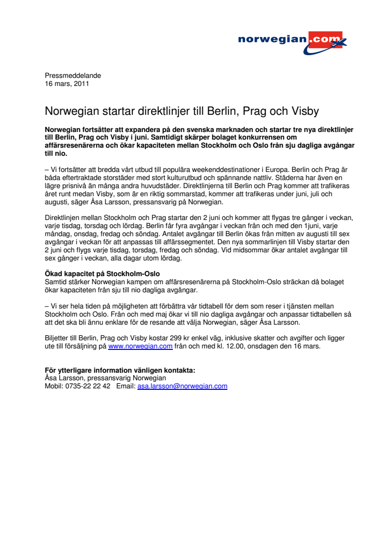 Norwegian startar direktlinjer till Berlin, Prag och Visby