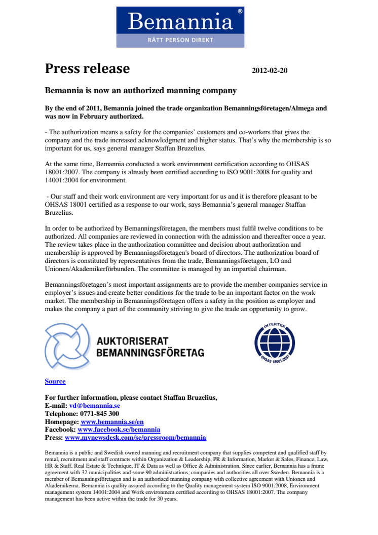 Bemannia is now an authorized manning company