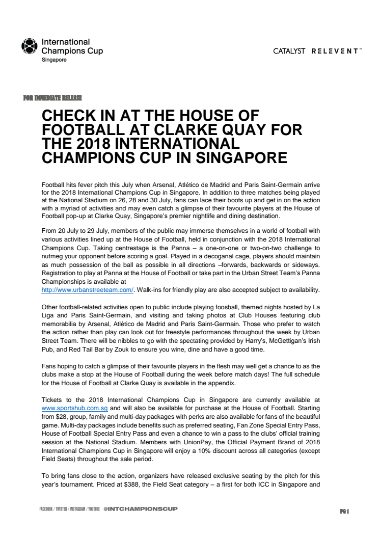 CHECK IN AT THE HOUSE OF FOOTBALL AT CLARKE QUAY FOR THE 2018 INTERNATIONAL CHAMPIONS CUP IN SINGAPORE 