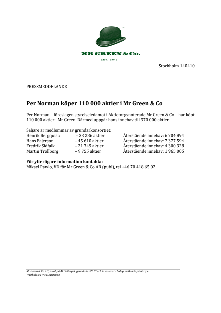 Per Norman köper 110 000 aktier i Mr Green & Co