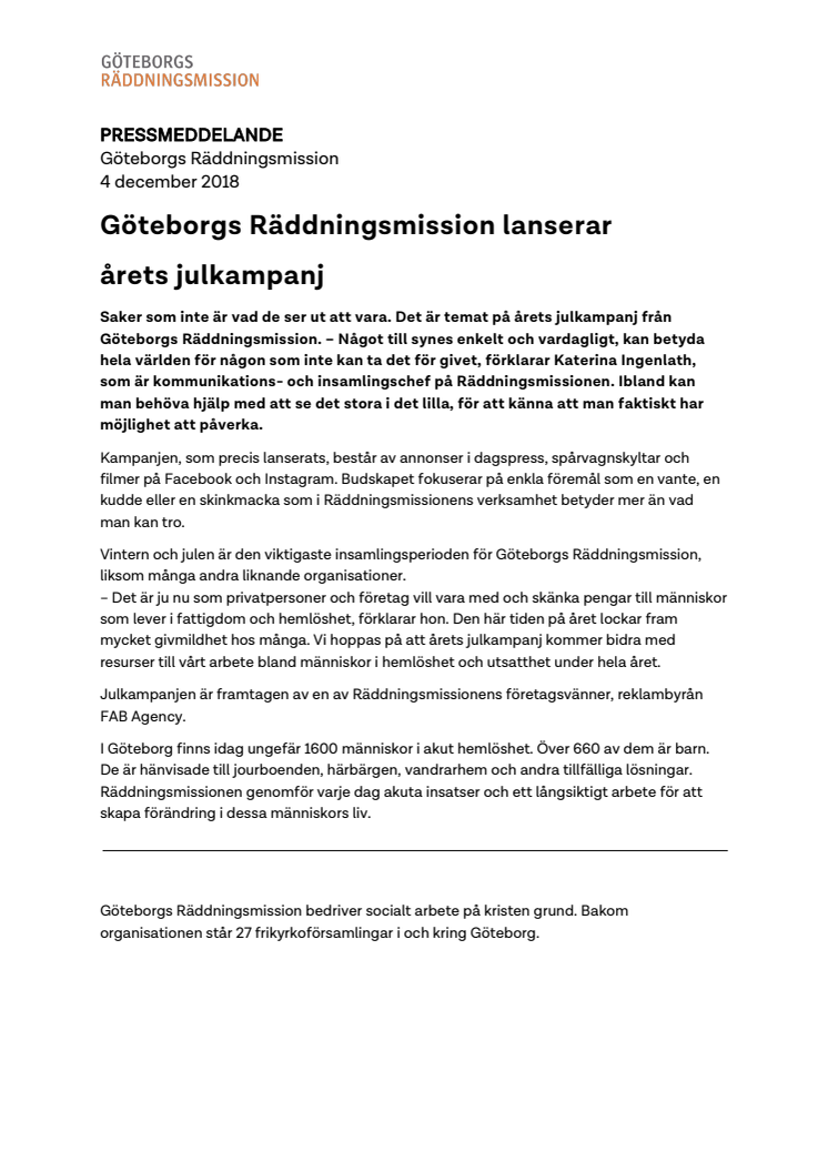 Göteborgs Räddningsmission lanserar årets julkampanj