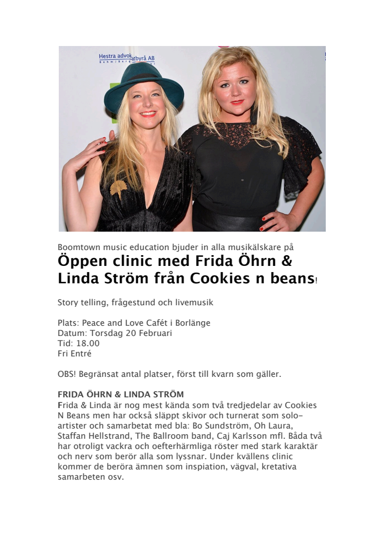 Boomtown music education bjuder in alla musikälskare på Öppen clinic med Frida Öhrn & Linda Ström från Cookies n beans!