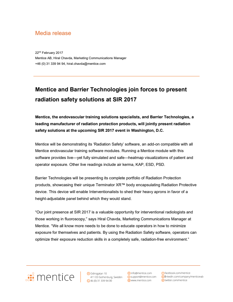 Mentice and Barrier Technologies join forces to present radiation safety solutions at SIR 2017