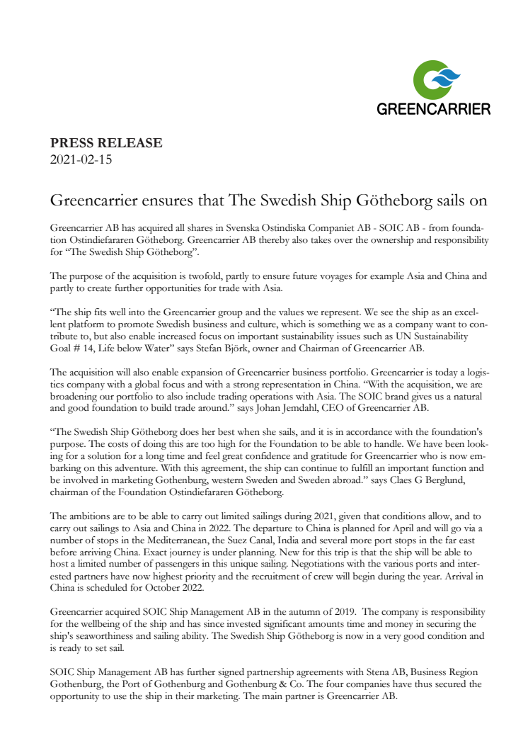 Press release as PDF -Greencarrier ensures that The Swedish Ship Götheborg sails on