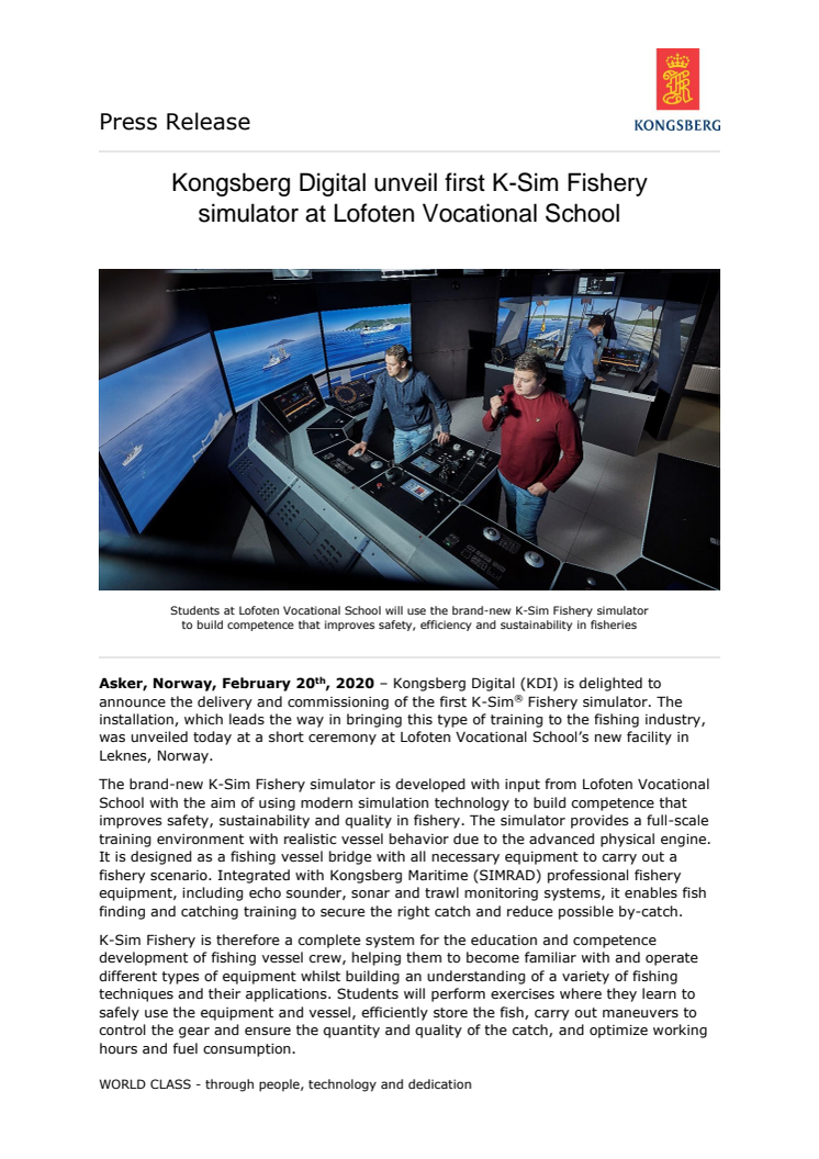Kongsberg Digital unveil first K-Sim Fishery simulator at Lofoten Vocational School