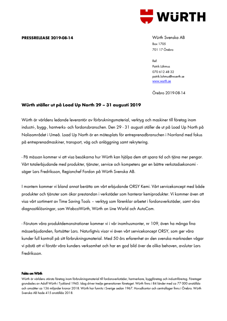 Würth ställer ut på Load Up North 29 – 31 augusti 2019