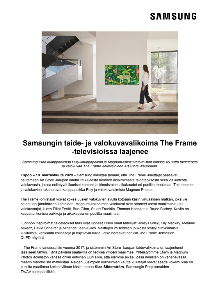 Samsungin taide- ja valokuvavalikoima The Frame -televisioissa laajenee