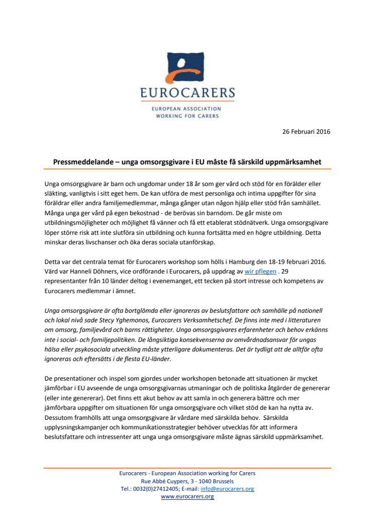 Pressmeddelande från Eurocarers - unga omsorgsgivare i EU måste få särskild uppmärksamhet